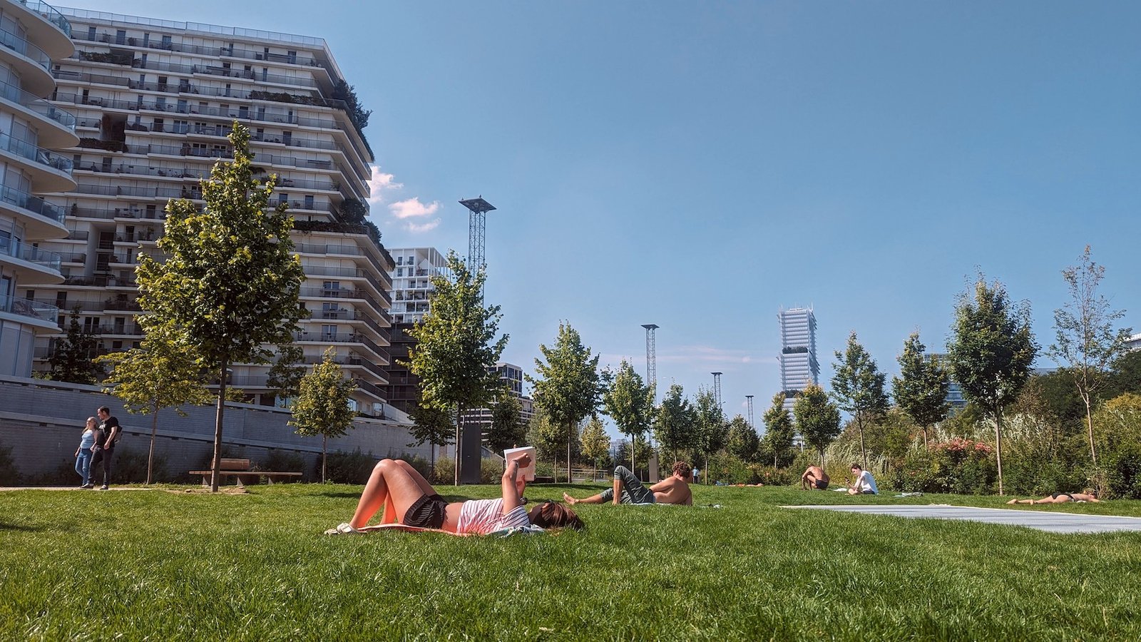 Parisians sunbathing on the lawn of Martin Luther King Park with modern highrises in the background.