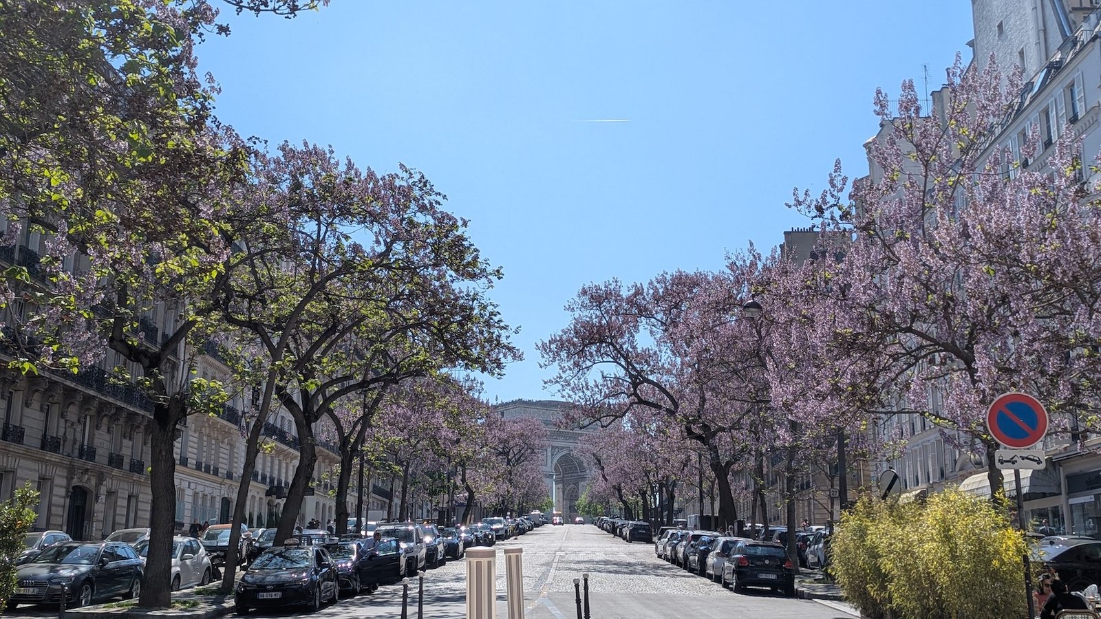 The Arc de Triomphe in Paris seen from a cherry blossom tree lined street in the 17th arrondissement.